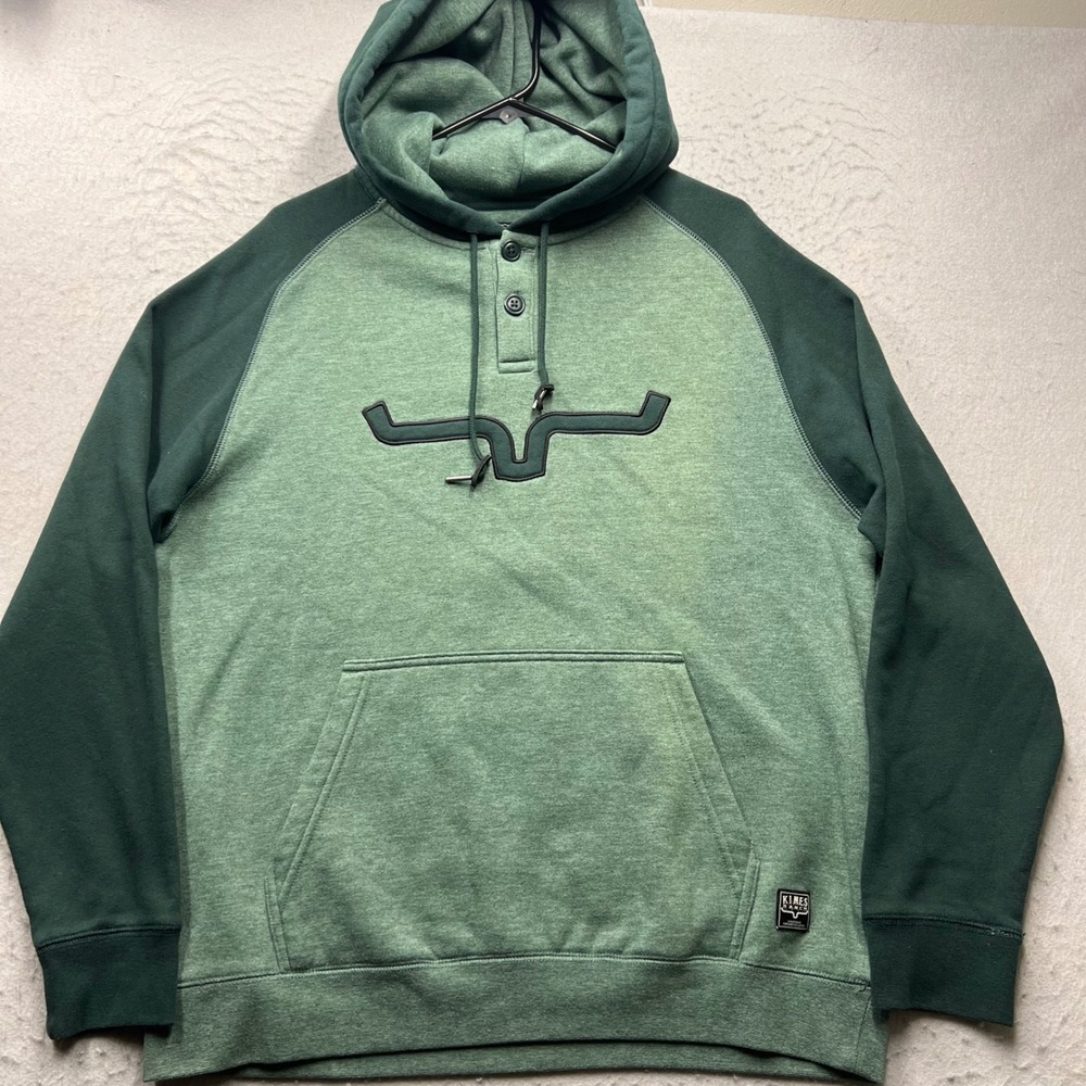 Kimes Ranch Mens Large Green Henley Hoodie Longhorn Logo Raglan Sweatshirt